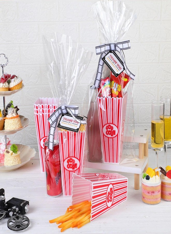 Engrowtic 6 Sets Movie Night Popcorn Plastic Bucket Gifts Basket 4''x8'' Plastic Movie Night Popcorn Empty Box Containers Cellophane Wrap Bag with Gift Card and Filmstrip Ribbon for Teacher Gift - Image 4